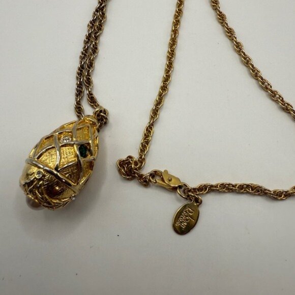 Joan Rivers Gold-Tone Egg Pendant Necklace W/ Faux Pearl & Rhinestones 29" Chain - Picture 4 of 12